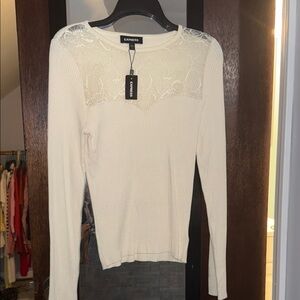 Express Cream Lace-Yoke Ribbed Long Sleeve Top